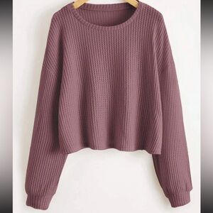 ROMWE Mauve Rust Waffle Knit Crew Neck Sweater Cropped Long Sleeve Pullover